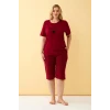 Giyim Kadın Bordo Kalp Desenli Büyük Beden Kapri Pijama Takımı
