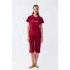 Giyim Kadın Bordo Kalp Desenli Kapri Pijama Takımı