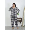 Giyim Kadın Büyük Beden Pamuklu Cepli Düğmeli Lacivert Pijama Takım
