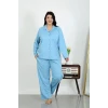Giyim Kadın Büyük Beden Pamuklu Cepli Düğmeli Mavi Pijama Takım