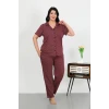 Giyim Kadın Büyük Beden Pamuklu Cepli Düğmeli Mor Pijama Takım