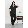 Giyim Kadın Büyük Beden Pamuklu Cepli Düğmeli Siyah Pijama Takım