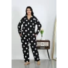 Giyim Kadın Büyük Beden Pamuklu Cepli Düğmeli Siyah Pijama Takım