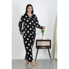 Giyim Kadın Büyük Beden Pamuklu Cepli Düğmeli Siyah Pijama Takım