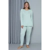Giyim Kadın Büyük Beden Penye Uzun Kol Pijama Takım Su Yeşili