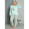 Giyim Kadın Büyük Beden Penye Uzun Kol Pijama Takım Su Yeşili
