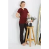 Giyim Kadın Kısa Kol Pamuk Penye Pijama Takım Bordo