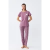 Giyim Kadın Mor Patili Tavşan Baskılı Cepli Pijama Takımı