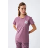Giyim Kadın Mor Patili Tavşan Baskılı Cepli Pijama Takımı