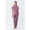 Giyim Kadın Mor Patili Tavşan Baskılı Cepli Pijama Takımı