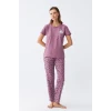 Giyim Kadın Mor Patili Tavşan Baskılı Cepli Pijama Takımı