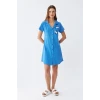 Giyim Kadın Pamuk Penye Kısa Kol Düğmeli Mavi Tunik Gecelik