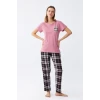 Giyim Kadın Somon Ayıcık Baskılı Ekoseli Penye Pijama Takımı