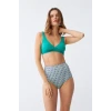 Giyim Kadın Yeşil Pedli Geometrik Desenli Yüksek Bel Bikini Takımı