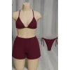 Kadın 3lü Set Bordo Şortlu Ve Yandan Bağlamalı Bikini Mayo Takımı