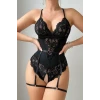 Kadın Siyah Dantel Jartiyerli Bodysuit Gecelik - Kemer Detaylı