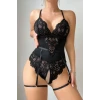 Kadın Siyah Dantel Jartiyerli Bodysuit Gecelik - Kemer Detaylı