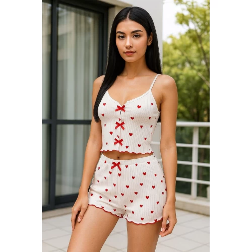Kadın Kalp Desenli Şortlu Pijama Takımı