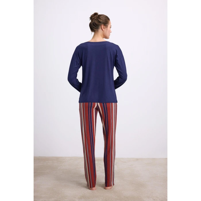 %100 Modal Lacivert Uzun Kollu T-shirt Ve Çizgili Pantolon Takımı