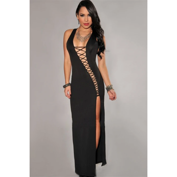 B100839 Bağlamalı Seksi Uzun Elbise