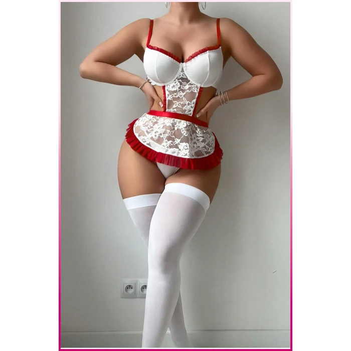 Beyaz Balenli Seksi Hizmetçi Kostüm