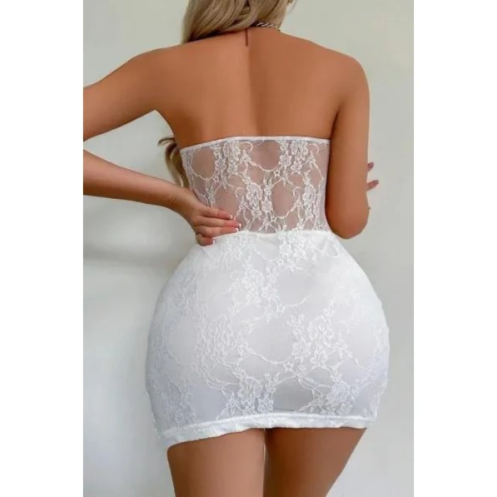 Beyaz Dantel İşlemeli Göğüs Dekolteli Seksi 5081