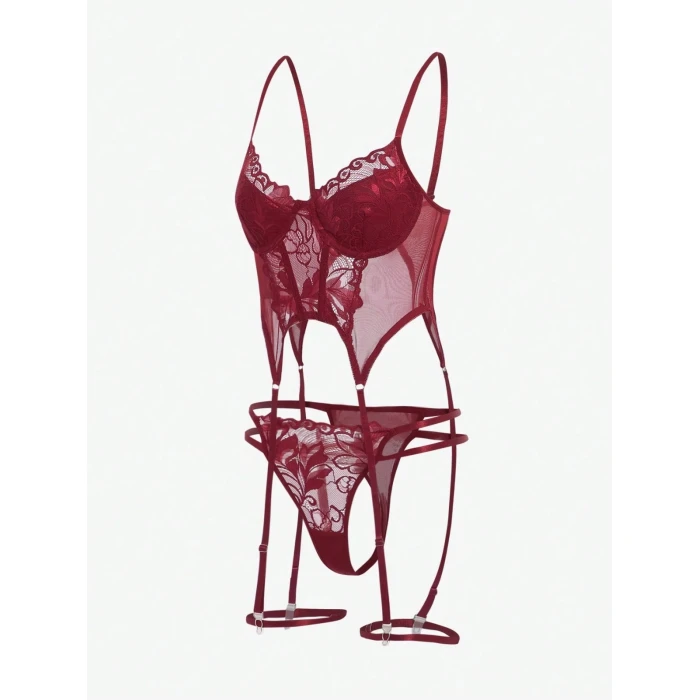 Bordo Babydoll İç Giyim Seti Bustiyer  ,külot , Bacak Bantları