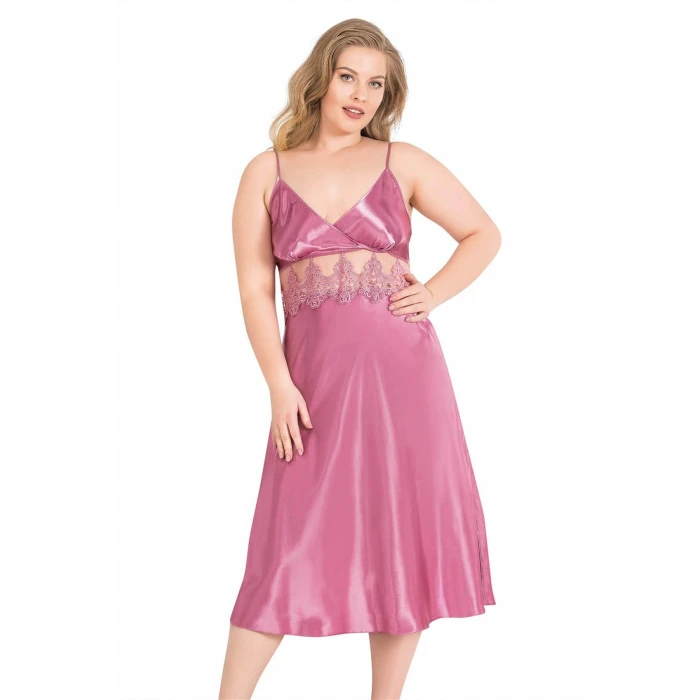 Büyük Beden Gül Kurusu Uzun İkili Saten Sabahlık Gecelik Takımı