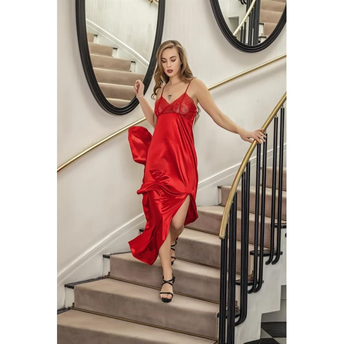 Dantelli Uzun Yırbrfaçlı Saten Gecelik Elbise String Takım Kırmızı (brf31512)