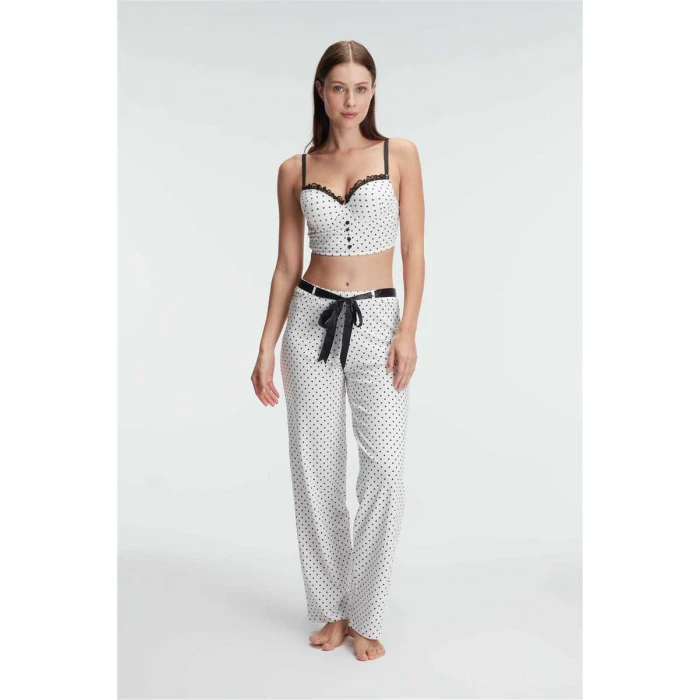 Fantezi Bralet Sütyen Pamuklu Puantiye Desenli Desteksiz Dantel Detaylı Pijama Takımı