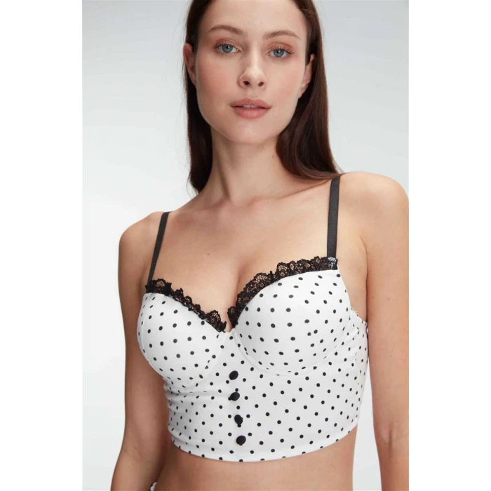 Fantezi Bralet Sütyen Pamuklu Puantiye Desenli Desteksiz Dantel Detaylı Pijama Takımı