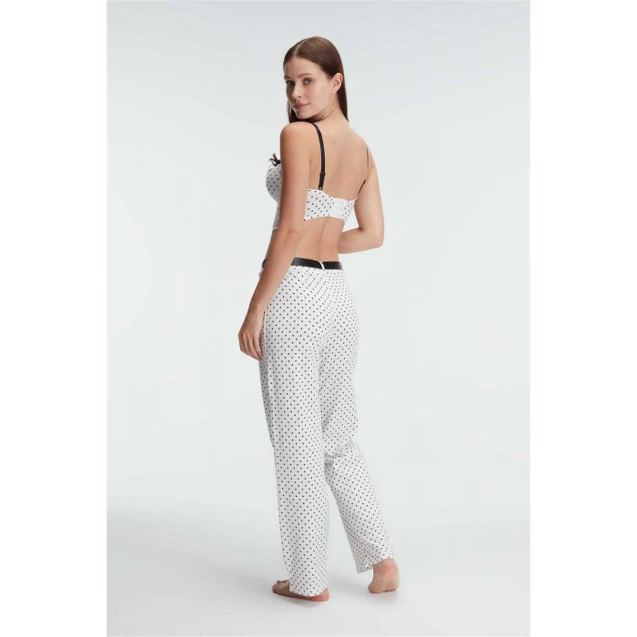 Fantezi Bralet Sütyen Pamuklu Puantiye Desenli Desteksiz Dantel Detaylı Pijama Takımı
