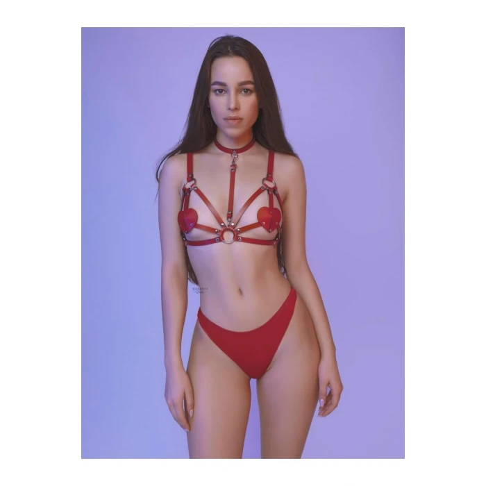 Fantezi Kırmızı Harness Sütyen Kumaş Külot Takımı