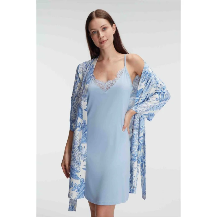 İp Askılı V Yaka Kadın Viskon Çiçek Desenli Yazlık Mini Dantel Detaylı Gecelik Sabahlık