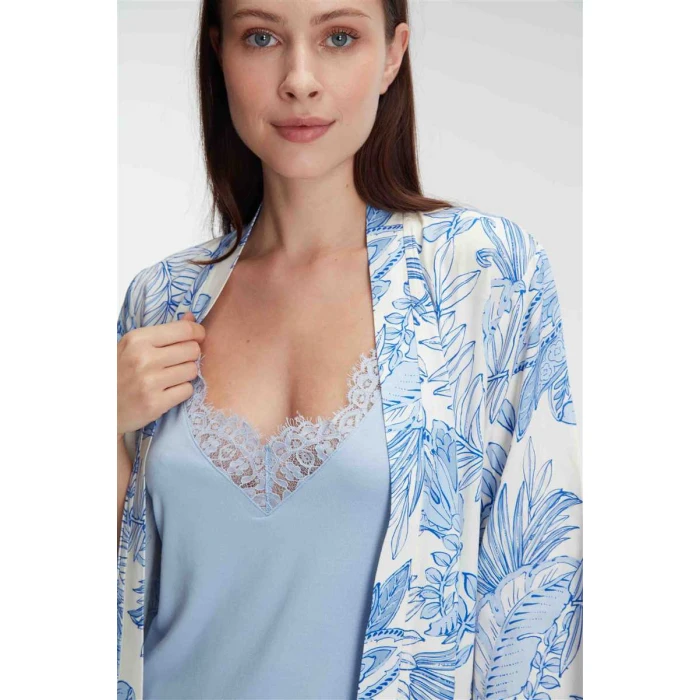 İp Askılı V Yaka Kadın Viskon Çiçek Desenli Yazlık Mini Dantel Detaylı Gecelik Sabahlık