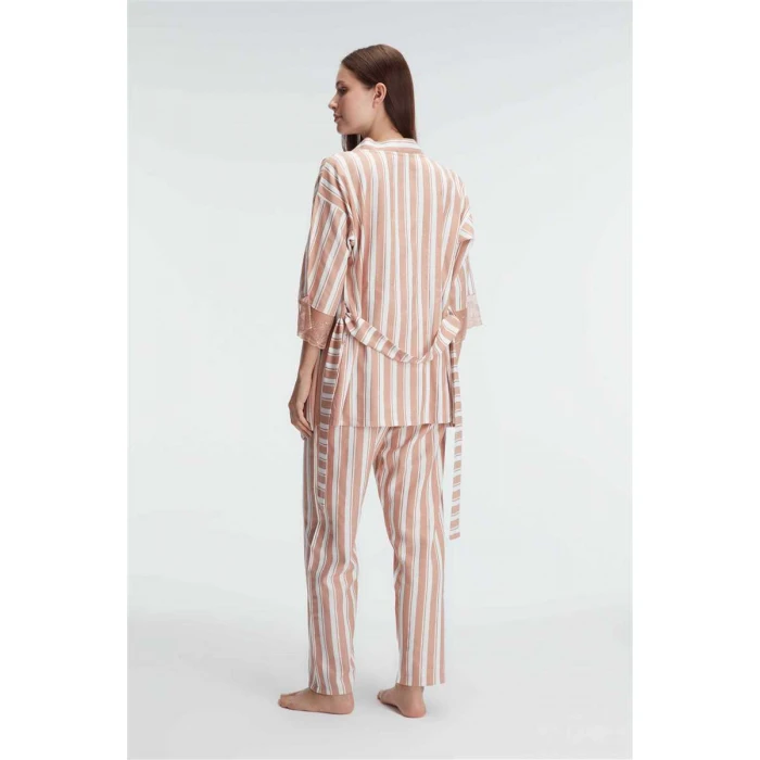 İp Askılı V Yaka Kadın Viskon Çizgili Desenli Yazlık Örme Pijama Takımı Sabahlık