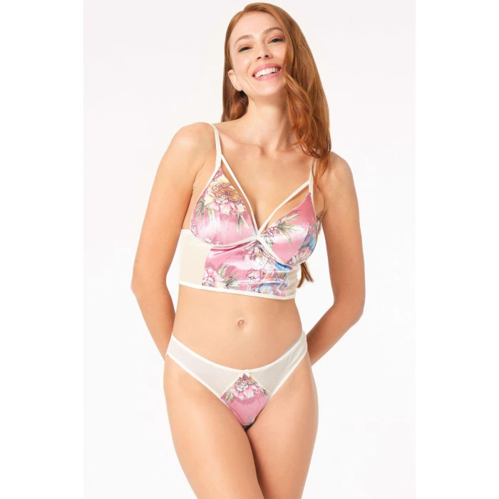 Kadife Balensiz Desteksiz Dolgusuz Yaka Detaylı Çiçek Baskılı Bralet Sütyen Ve Slip Takım
