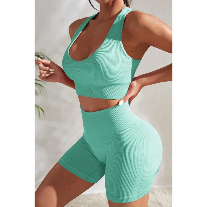 Kadın Açık Mavi Yüksek Bel Çapraz Sırt Detaylı Şortlu Gecelik Takım