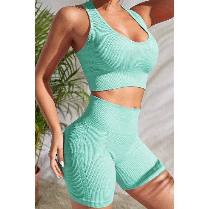 Kadın Açık Mavi Yüksek Bel Çapraz Sırt Detaylı Şortlu Gecelik Takım