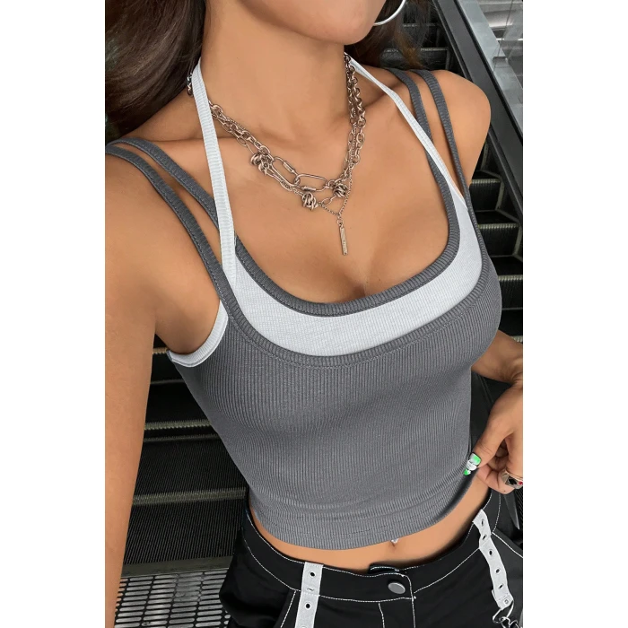 Kadın Antrasit Gri Beyaz Çift Renk Çapraz Askılı Crop Top Bluz
