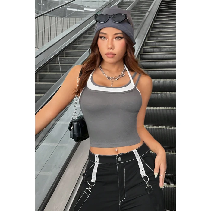 Kadın Antrasit Gri Beyaz Çift Renk Çapraz Askılı Crop Top Bluz