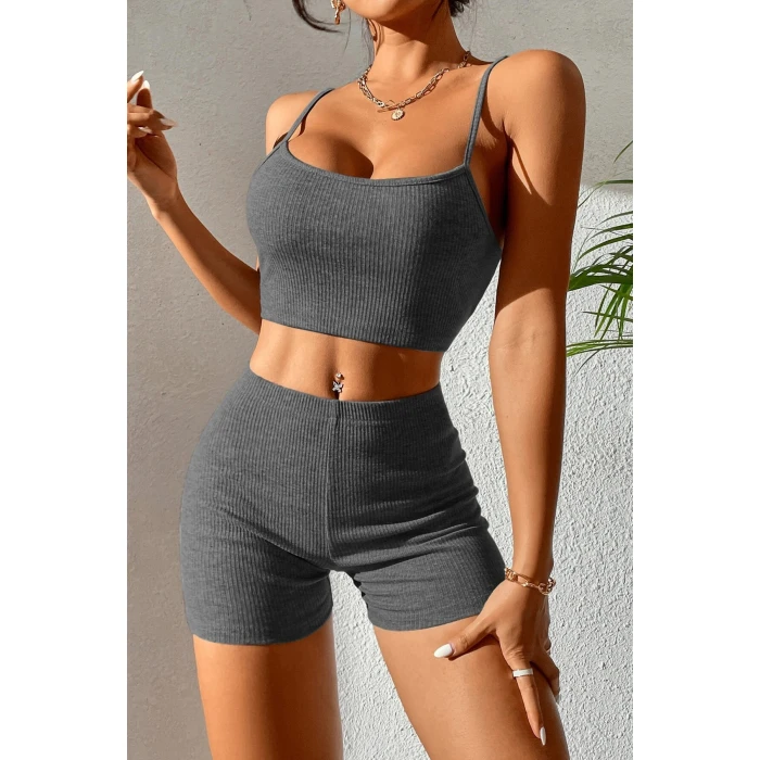 Kadın Antrasit Gri Şortlu Kaşkorse Gecelik Takım