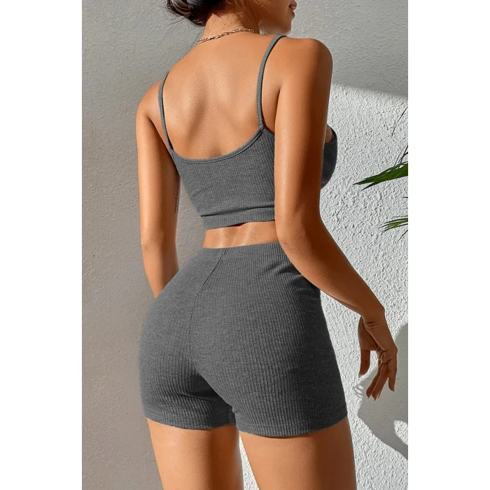 Kadın Antrasit Gri Şortlu Kaşkorse Gecelik Takım