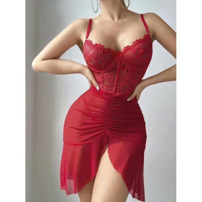 Kadın Ateş Kırmızısı Önden Yırtmaçlı Tül Fantezi Gecelik 2241