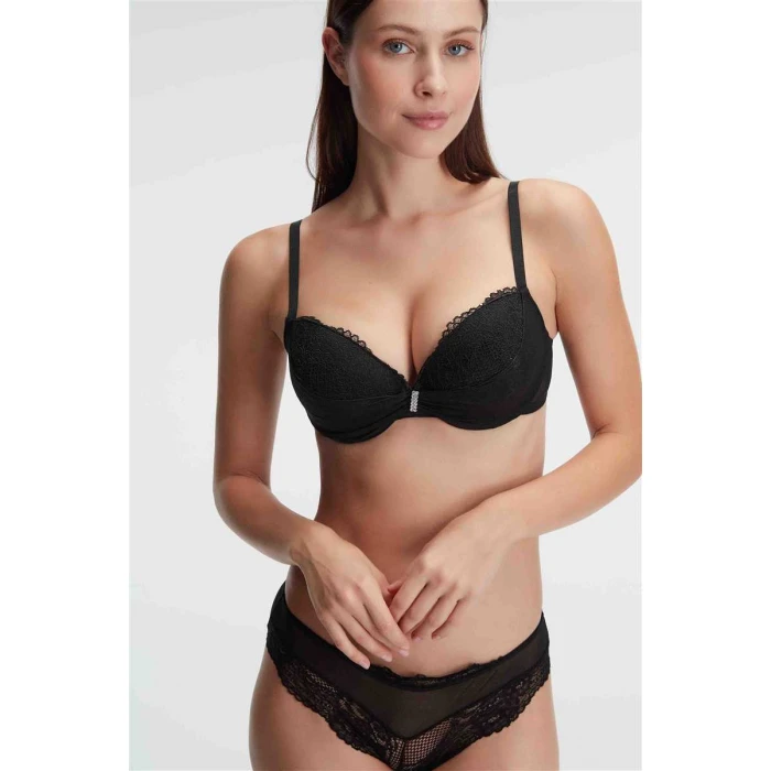 Kadın Balenli Destekli Dolgulu Taşlı Dantelli Sütyen Ve Slip Takım