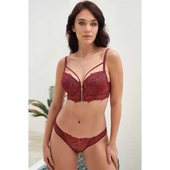 Kadın Balenli Destekli Dolgulu Yaka Detaylı Fermuarlı Dantelli Büstiyer Sütyen Ve Slip Takım