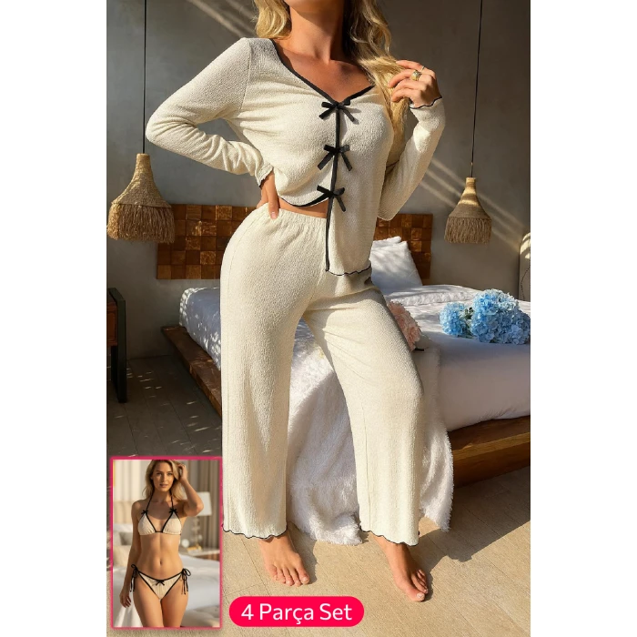 Kadın Beyaz Fiyonklu İç Çamaşırı ve Uzun Kollu V Yaka Pijama Takımı 4lü Set