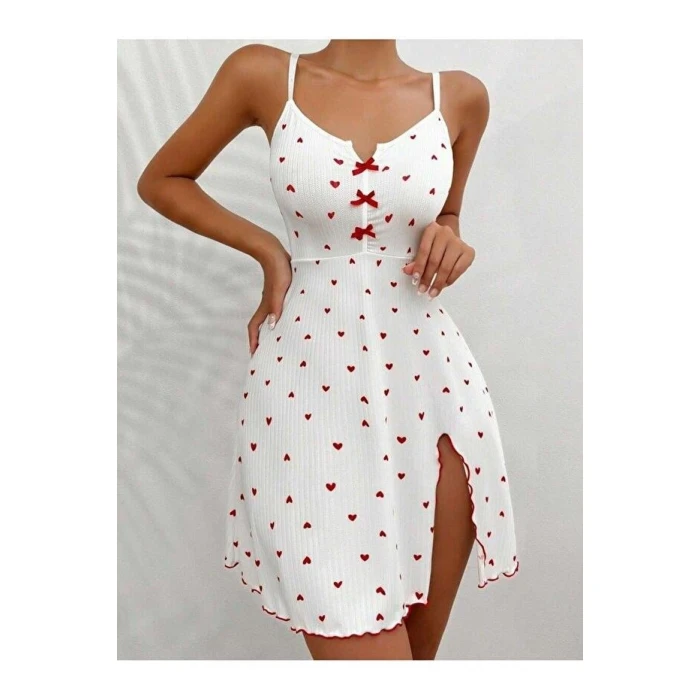 Kadın Beyaz Kırmızı Kalp Desenli Askılı  Elbise 5066