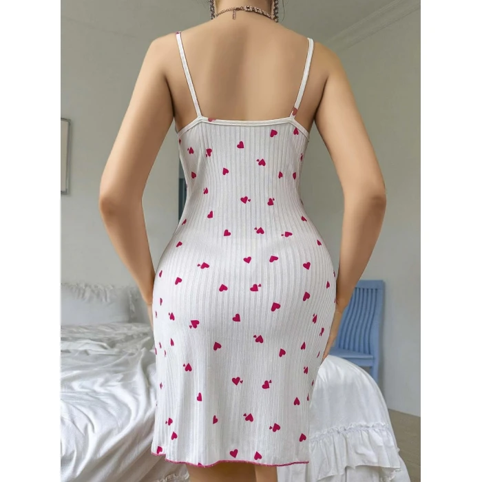 Kadın Beyaz Kırmızı Kalp Desenli Yandan Dantel Detaylı Askılı Elbise 5070