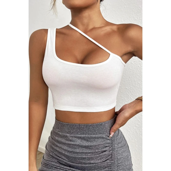 Kadın Beyaz Tek Omuzlu Çapraz Askılı Crop Top Büstiyer